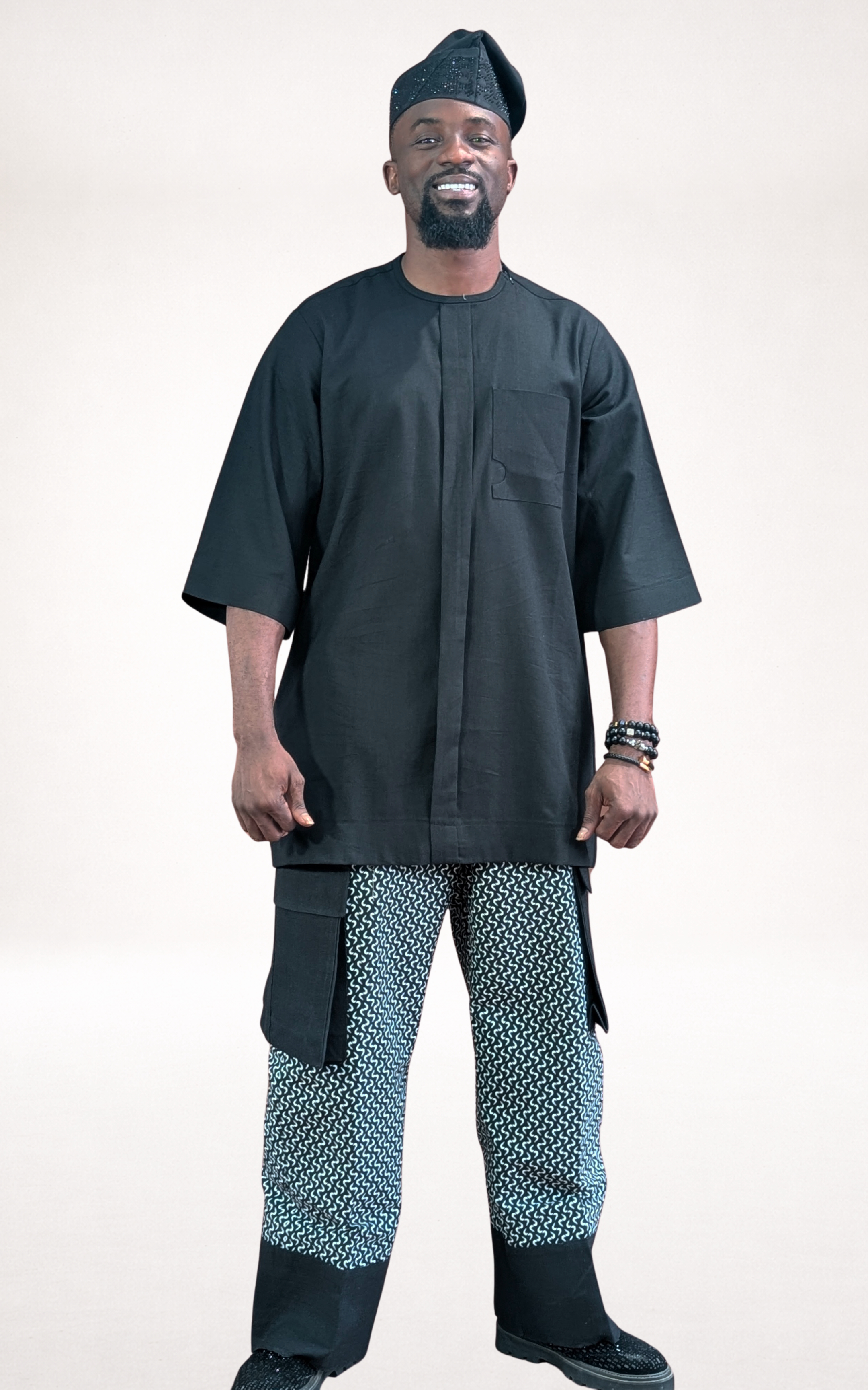 Black Native Shirt /w Black & White Adire Trousers and Black Cap - page 1