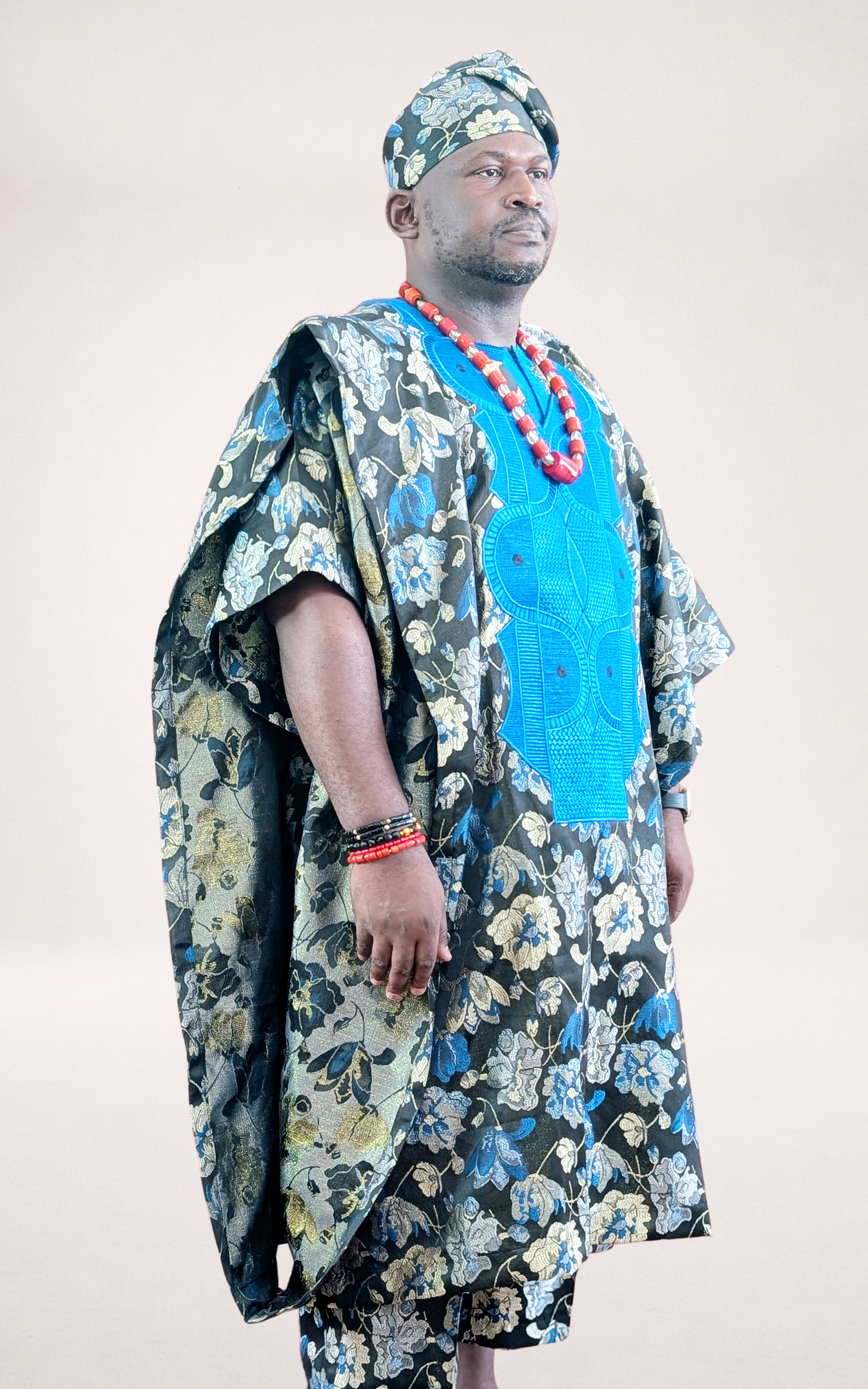 Blue Yoruba Agbada with Flower Patterns - page 1